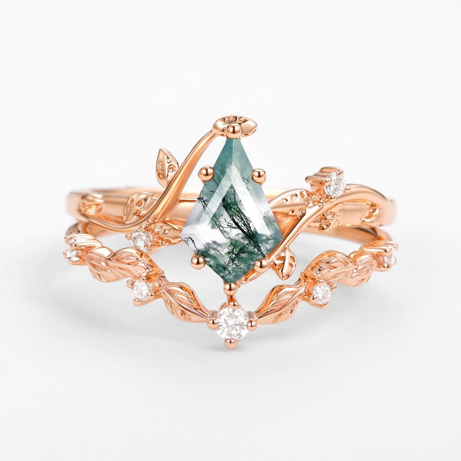 Ashley Vine Leafy Kite Cut Moss Agate Engagement Ring Sets 2pcs.