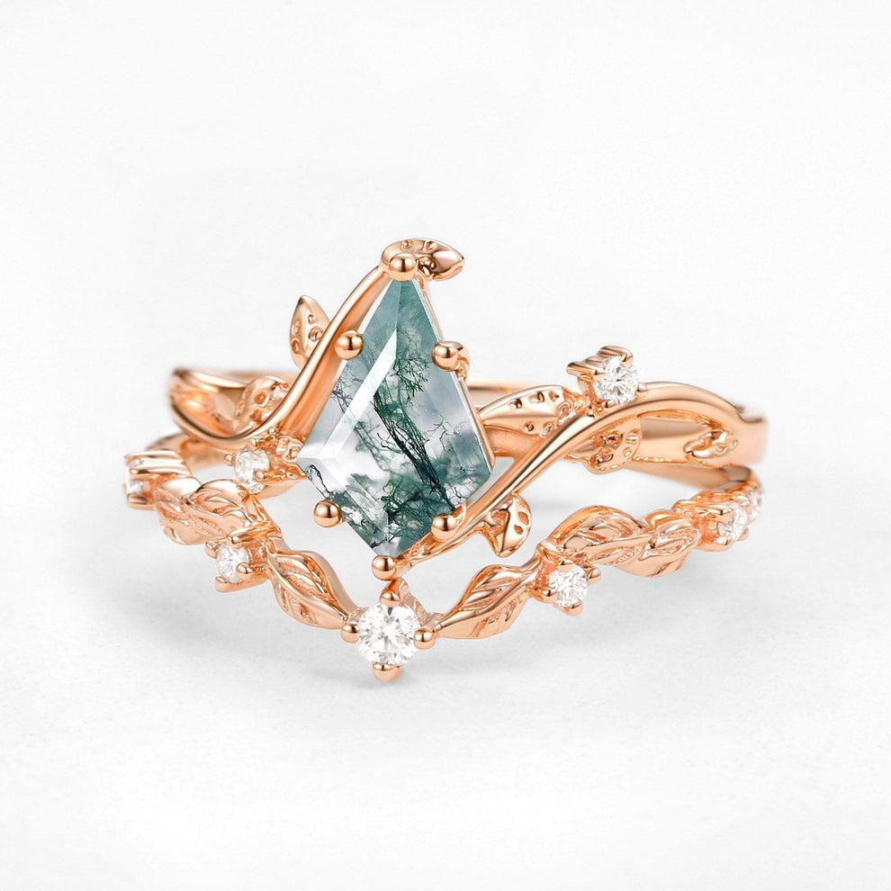 Ashley Vine Leafy Kite Cut Moss Agate Engagement Ring Sets 2pcs.