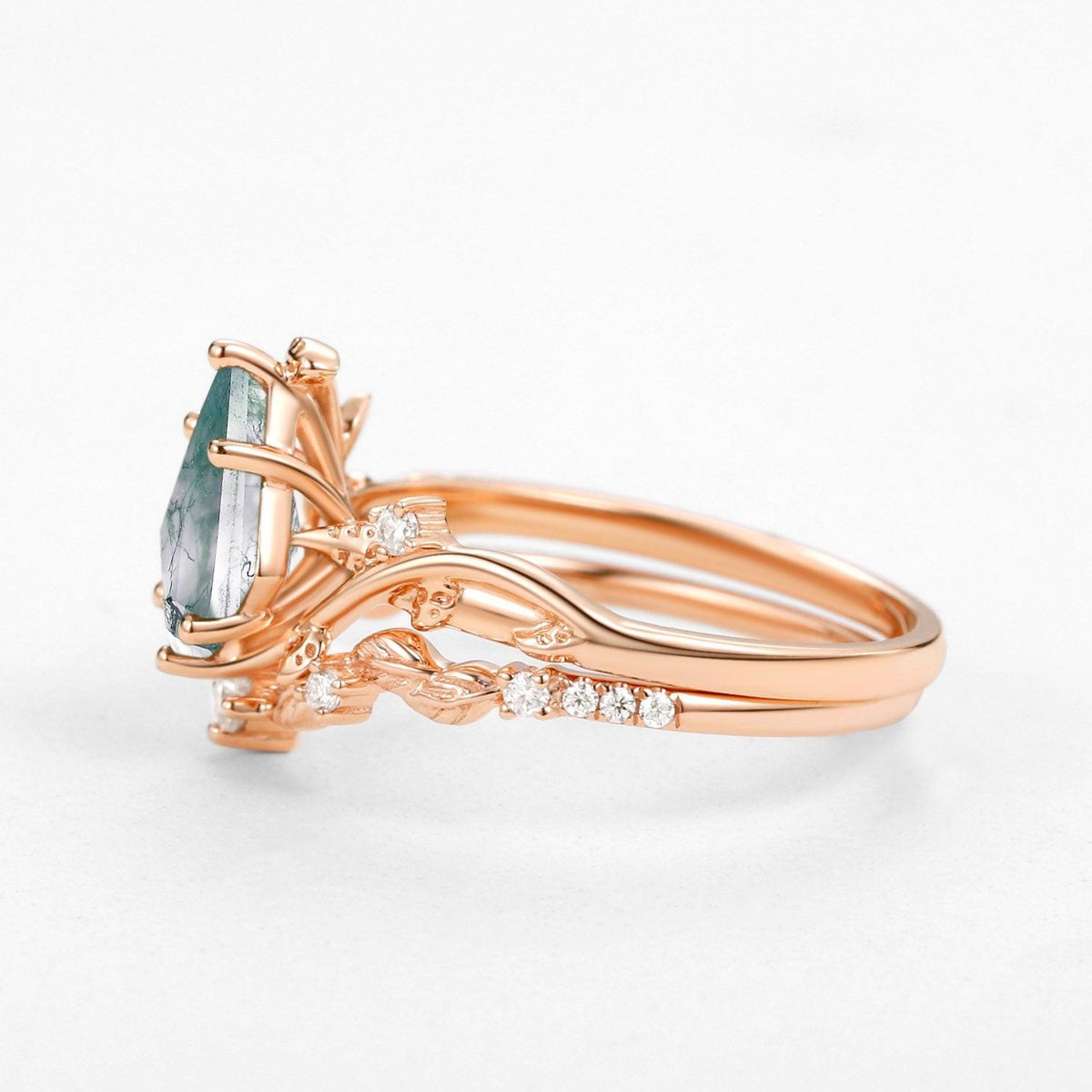 Ashley Vine Leafy Kite Cut Moss Agate Engagement Ring Sets 2pcs.