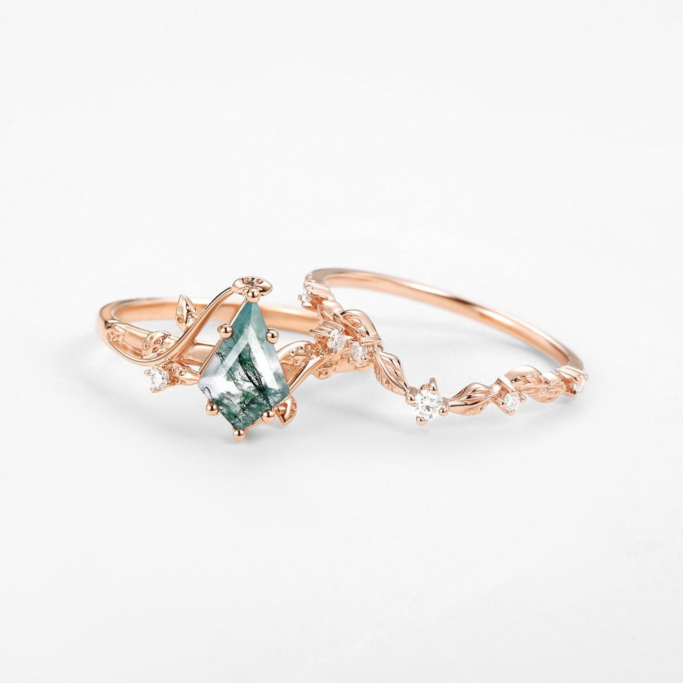 Ashley Vine Leafy Kite Cut Moss Agate Engagement Ring Sets 2pcs.