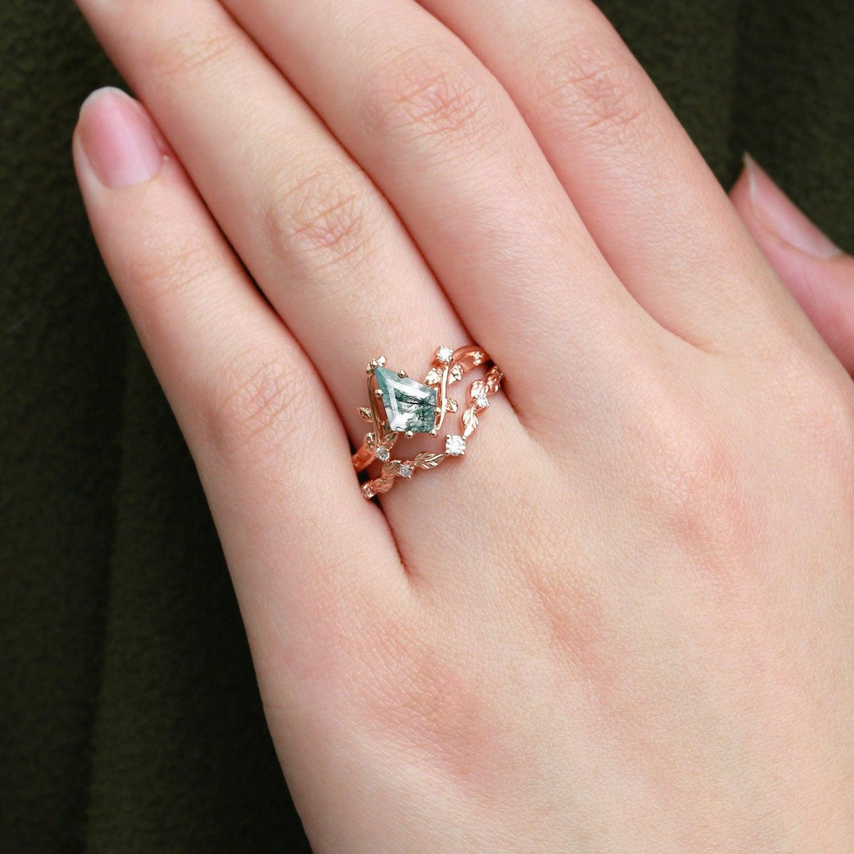Ashley Vine Leafy Kite Cut Moss Agate Engagement Ring Sets 2pcs.