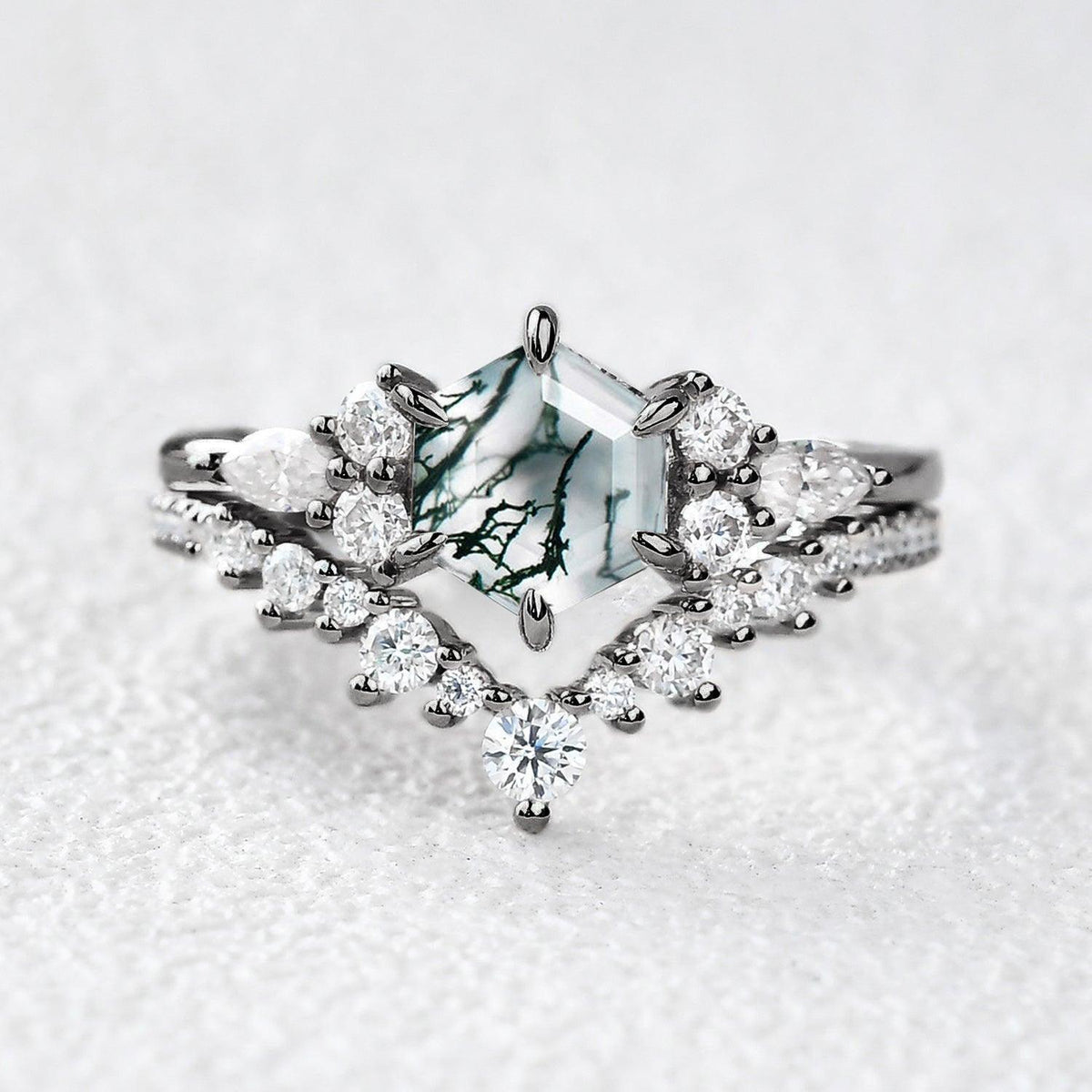 Inaya Vintage Hexagon Cut Moss Agate Engagement Ring Set 2pcs.