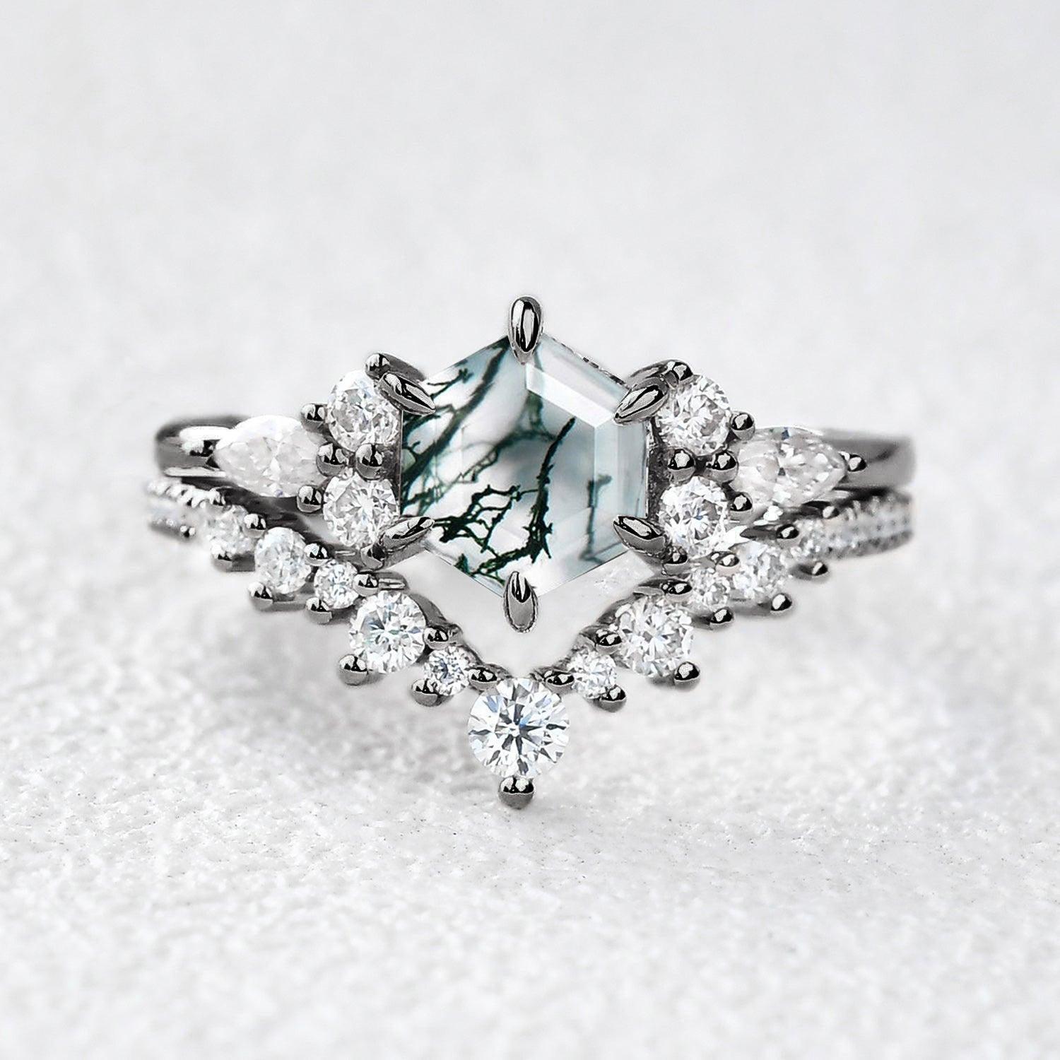 Inaya Vintage Hexagon Cut Moss Agate Engagement Ring Set 2pcs.