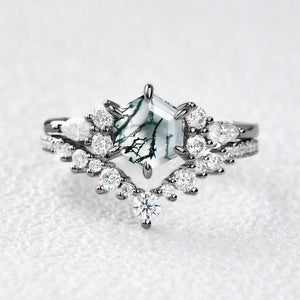 Inaya Vintage Hexagon Cut Moss Agate Engagement Ring Set 2pcs.
