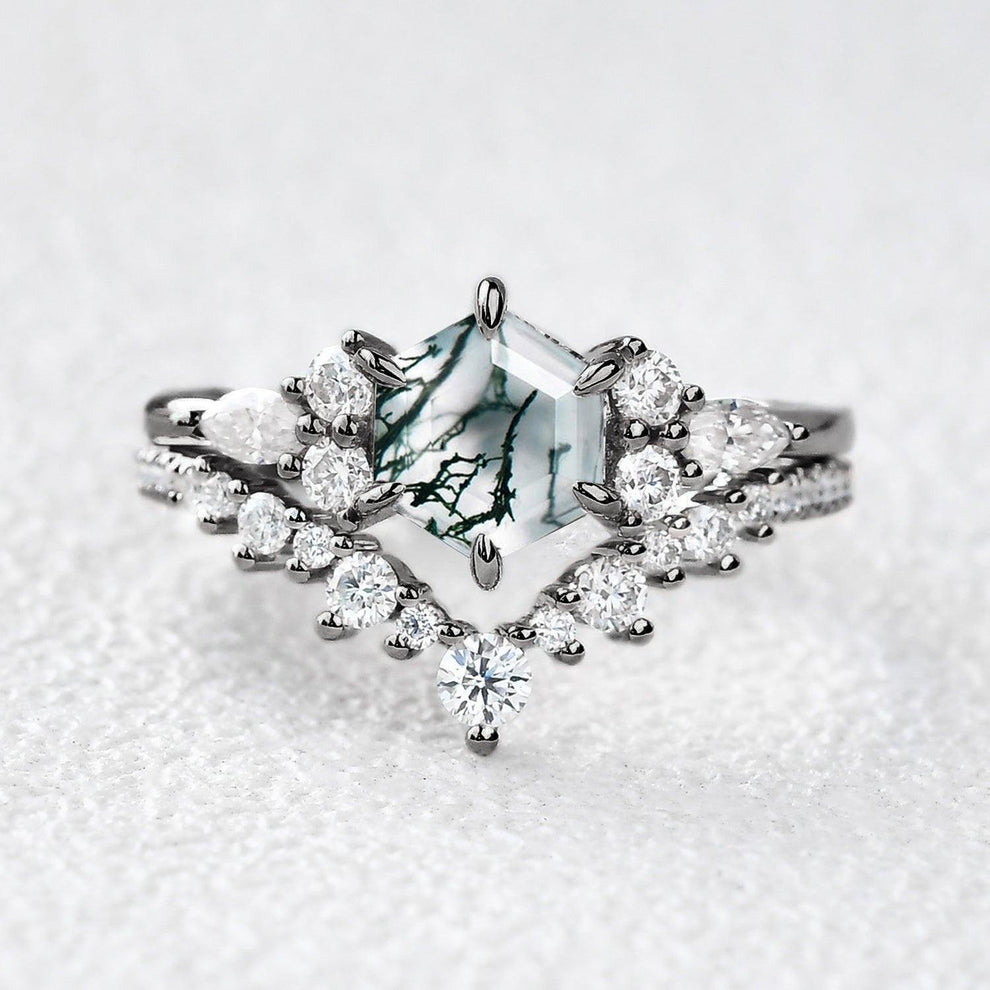 Inaya Vintage Hexagon Cut Moss Agate Engagement Ring Set 2pcs.
