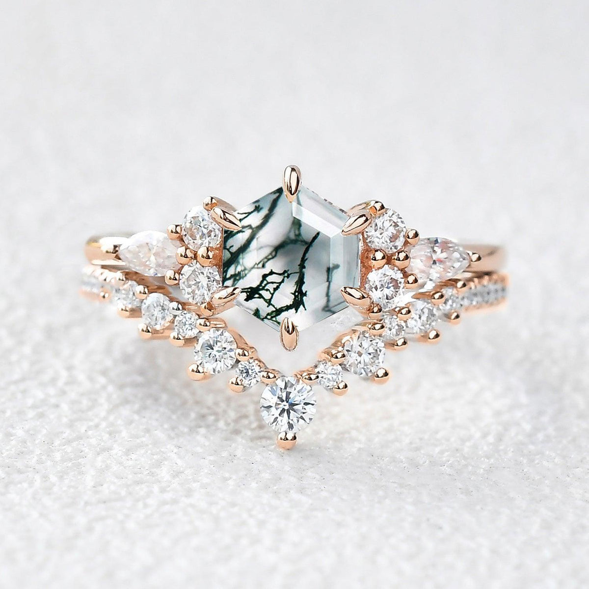 Inaya Vintage Hexagon Cut Moss Agate Engagement Ring Set 2pcs.