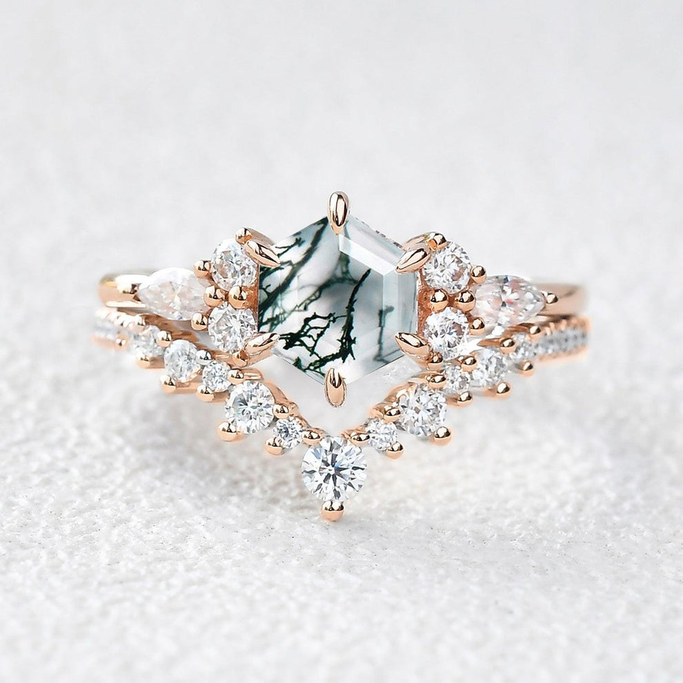 Inaya Vintage Hexagon Cut Moss Agate Engagement Ring Set 2pcs.