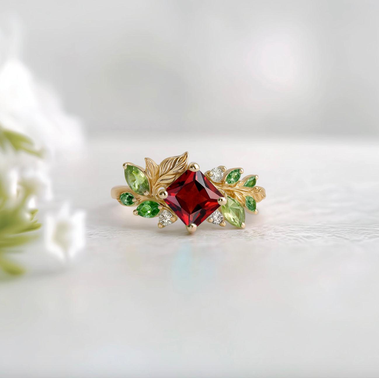 Princess cut red Garnet Ring, Garnet engagement ring, Square Garnet Ring.