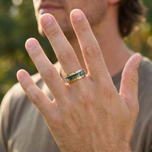 Vidar’s Hammer | Hammered Moss Agate Statement Band Ring
