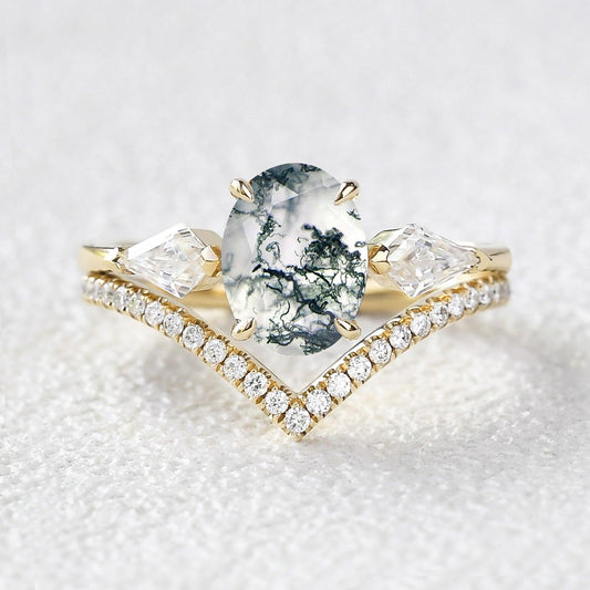 1.5ct Oval Moss Agate Three Stones Chevron Engagement Ring Set 2pcs.