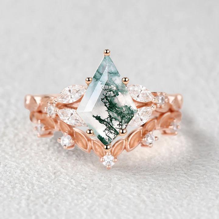 Nature Inspired - Kite Cut Moss Agate Leafy Engagement Ring Set 2pcs.