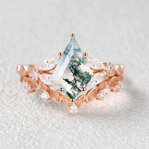 Nature Inspired - Kite Cut Moss Agate Leafy Engagement Ring Set 2pcs.
