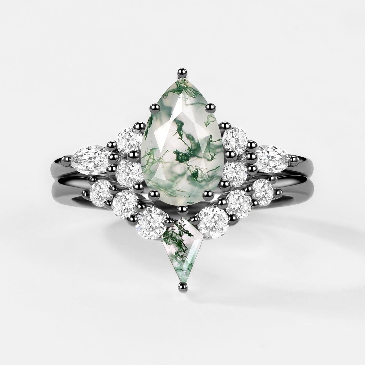 Zoey Twin Flames Pear Cut Unique Moss Agate Engagement Ring Sets 2pcs.