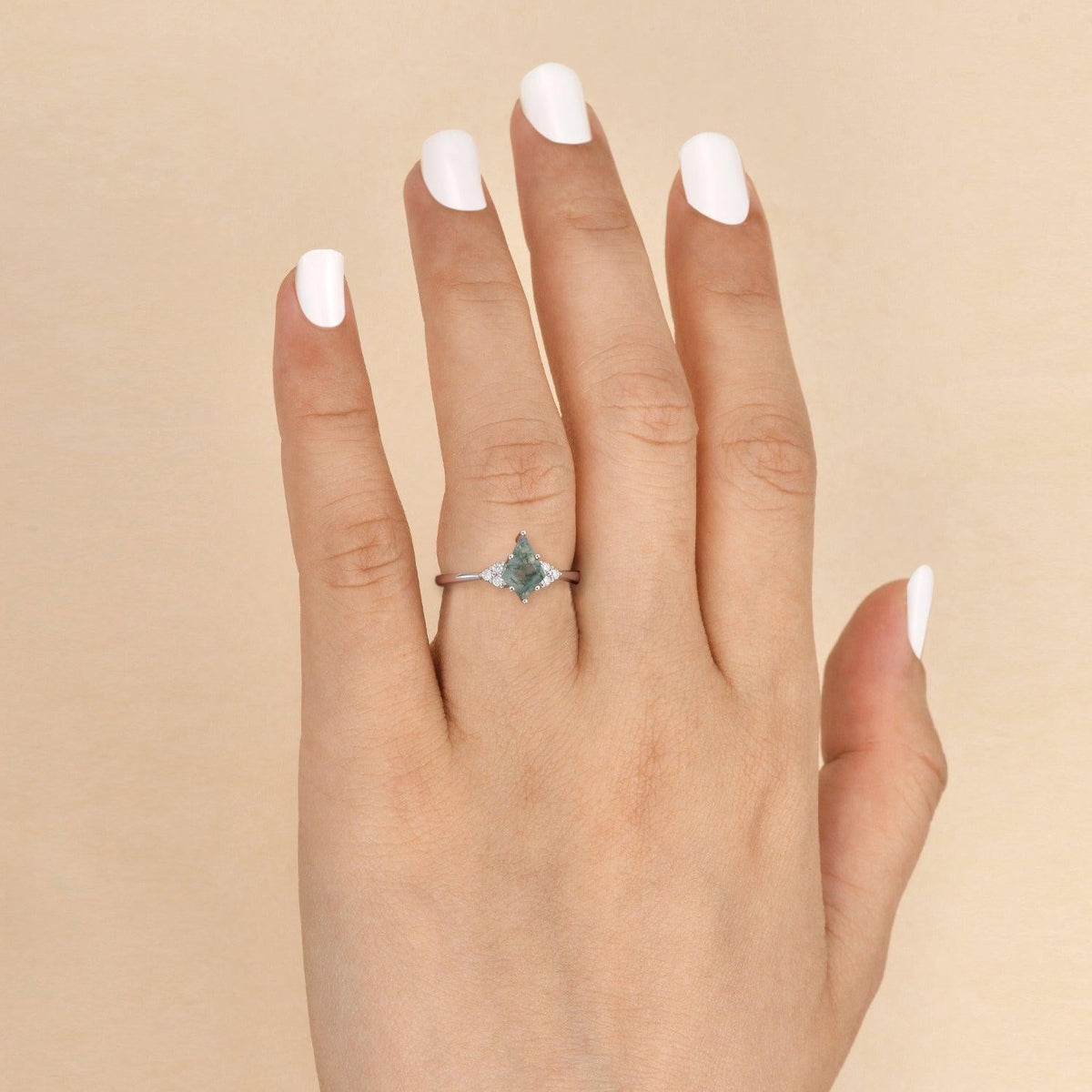 Unique Moss Agate Kite Cut Engagement Ring.