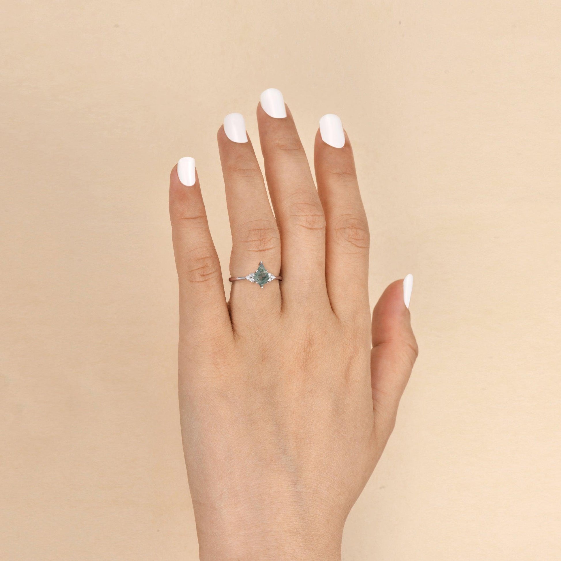 Unique Moss Agate Kite Cut Engagement Ring.