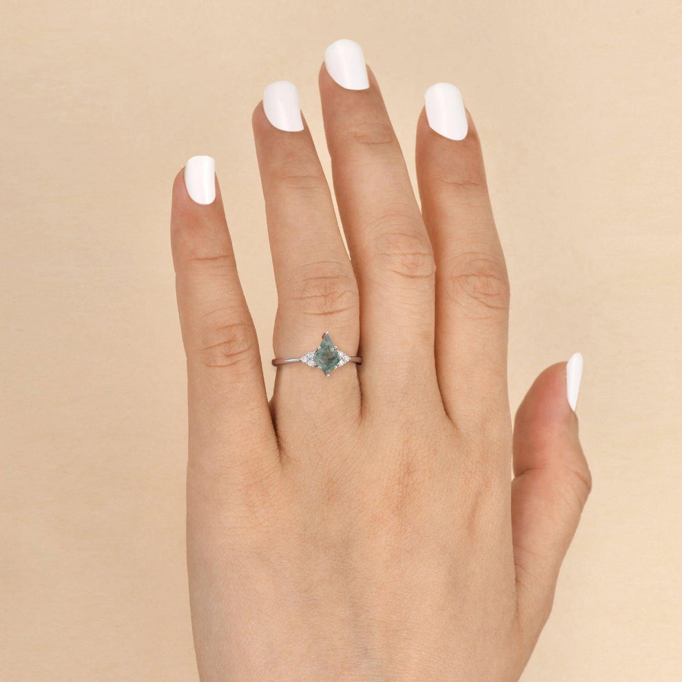 Unique Moss Agate Kite Cut Engagement Ring.