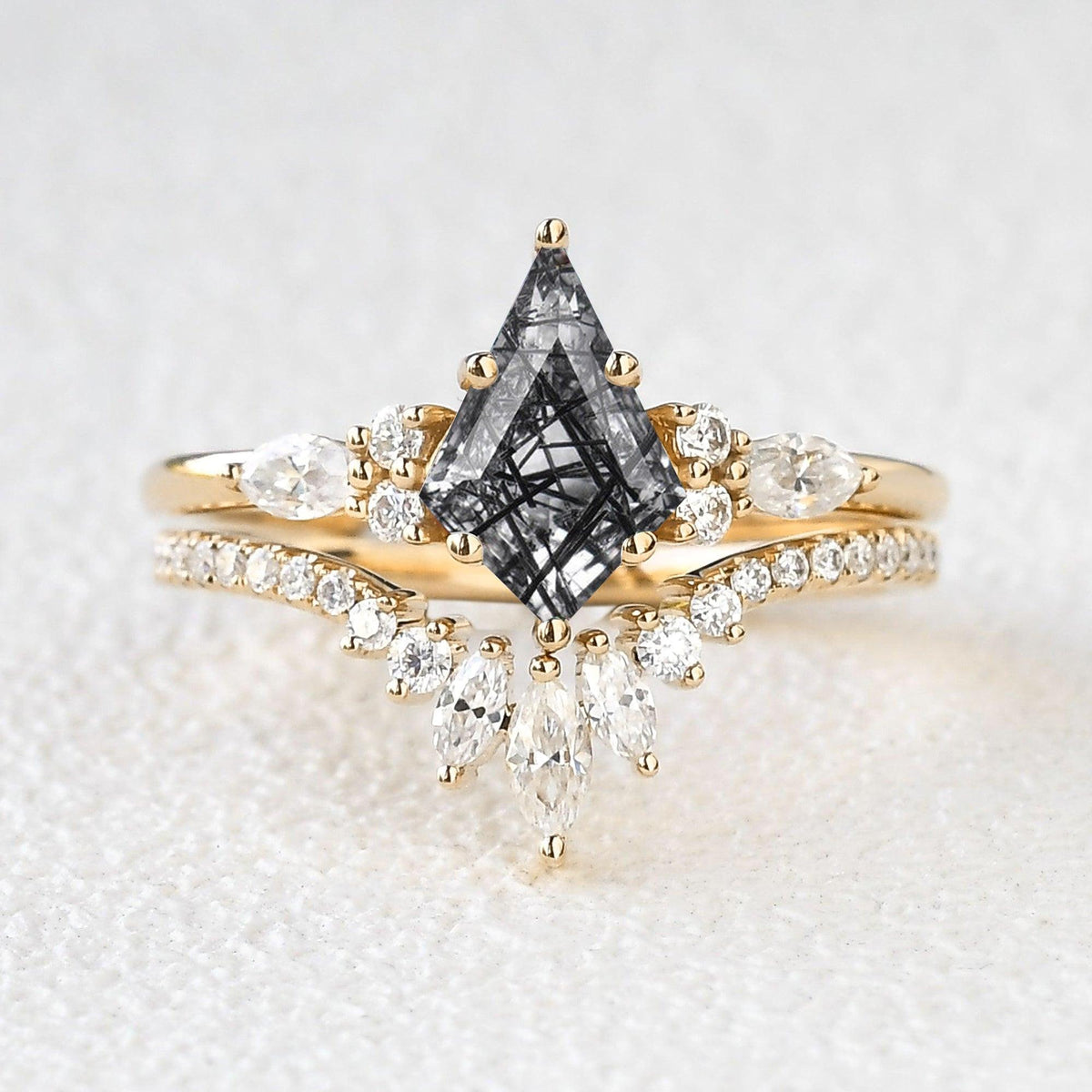 Adela’s Promise | Kite Cut Moss Agate Three Stone Engagement Ring Set 2pcs.