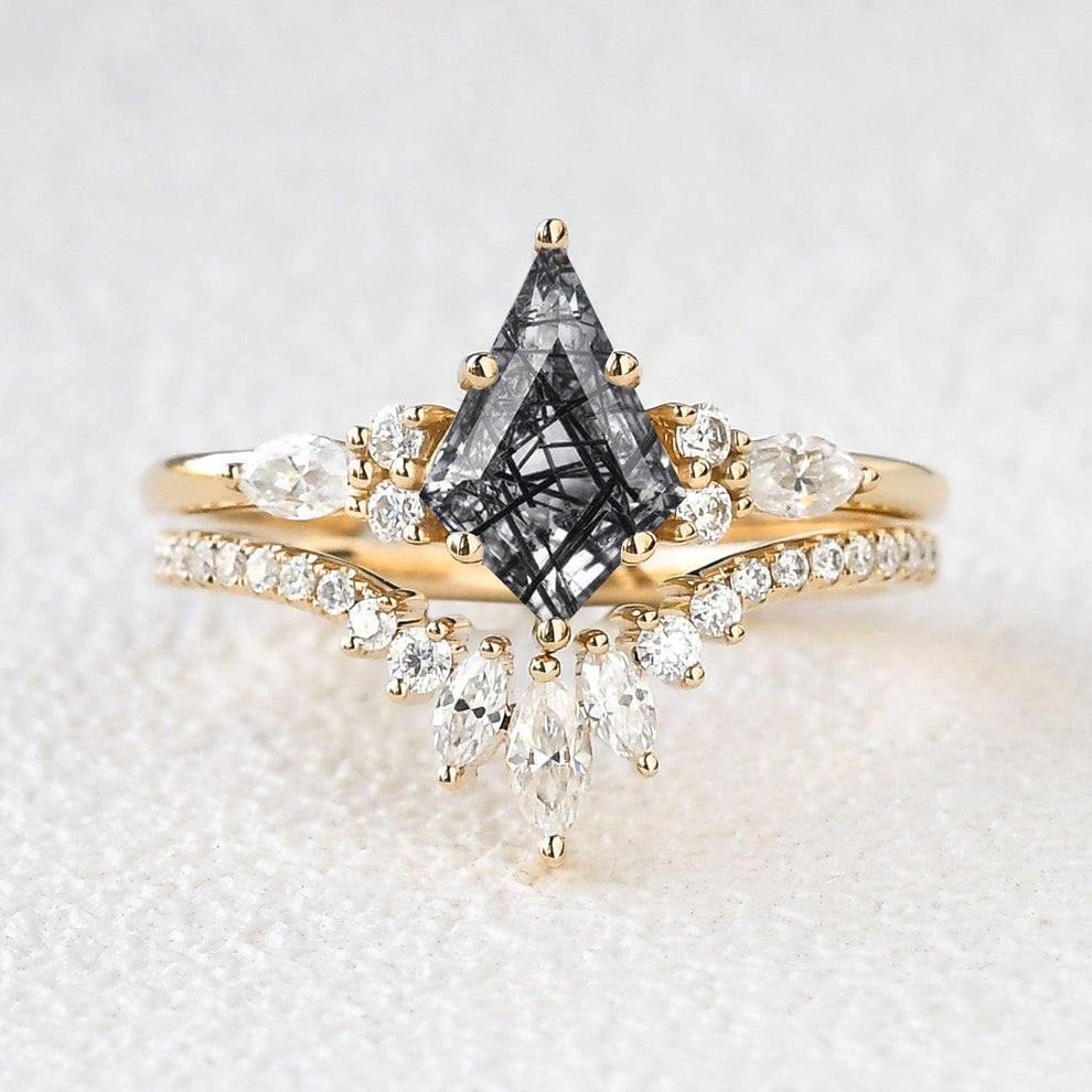 Adela’s Promise | Kite Cut Moss Agate Three Stone Engagement Ring Set 2pcs.