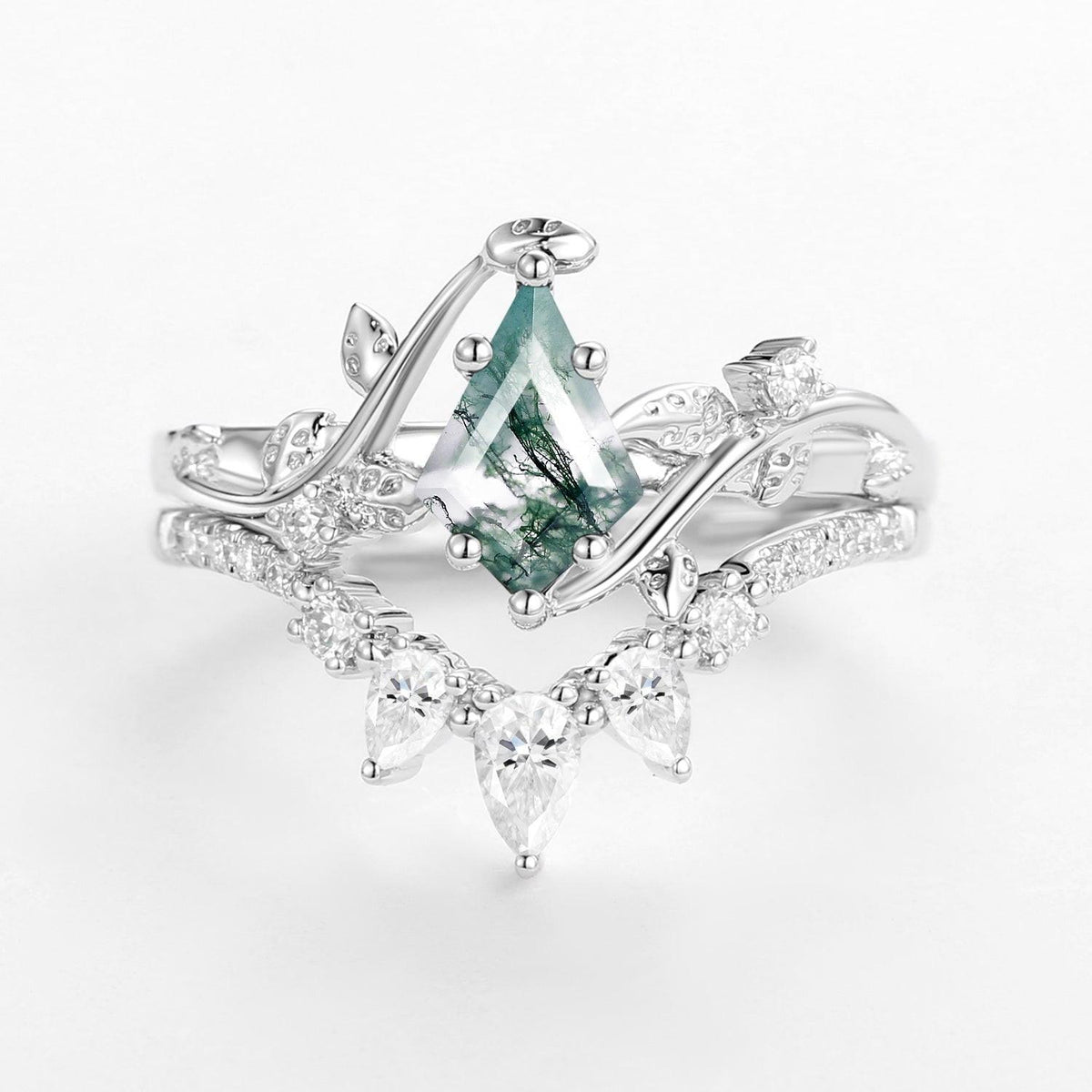 Kite Cut Moss Agate Leafy White Gold Engagement Ring Sets 2pcs.