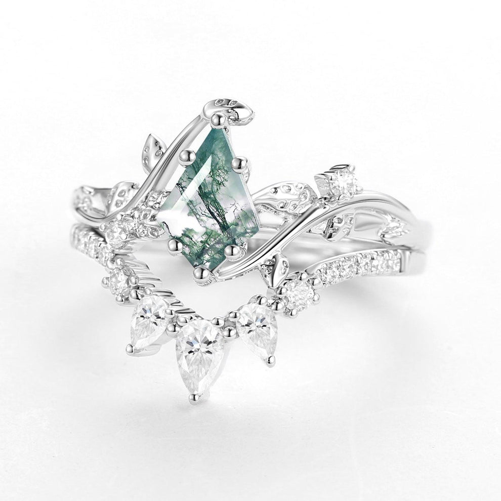 Kite Cut Moss Agate Leafy White Gold Engagement Ring Sets 2pcs.