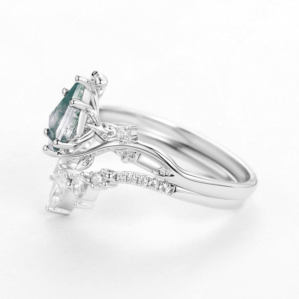 Kite Cut Moss Agate Leafy White Gold Engagement Ring Sets 2pcs.
