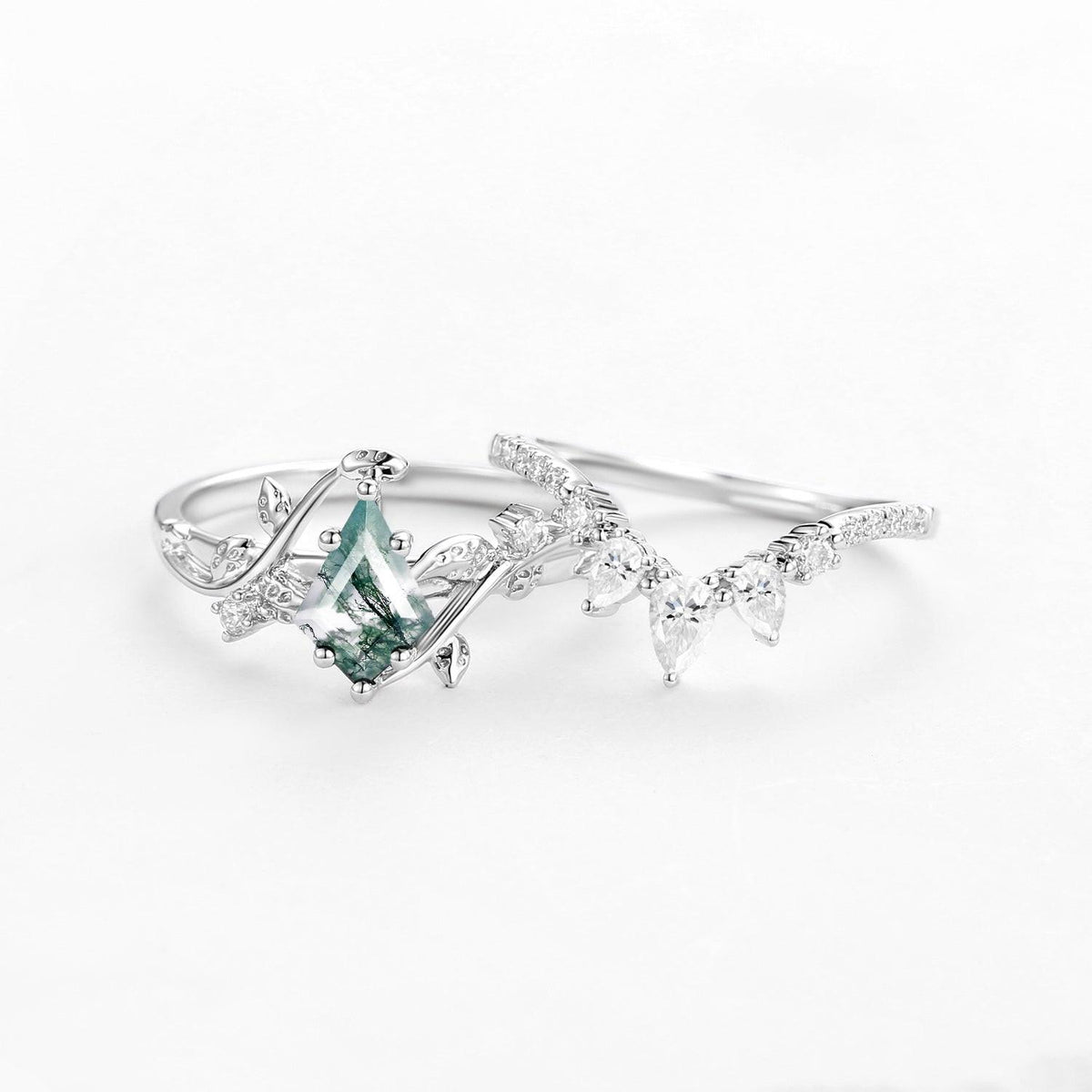 Kite Cut Moss Agate Leafy White Gold Engagement Ring Sets 2pcs.