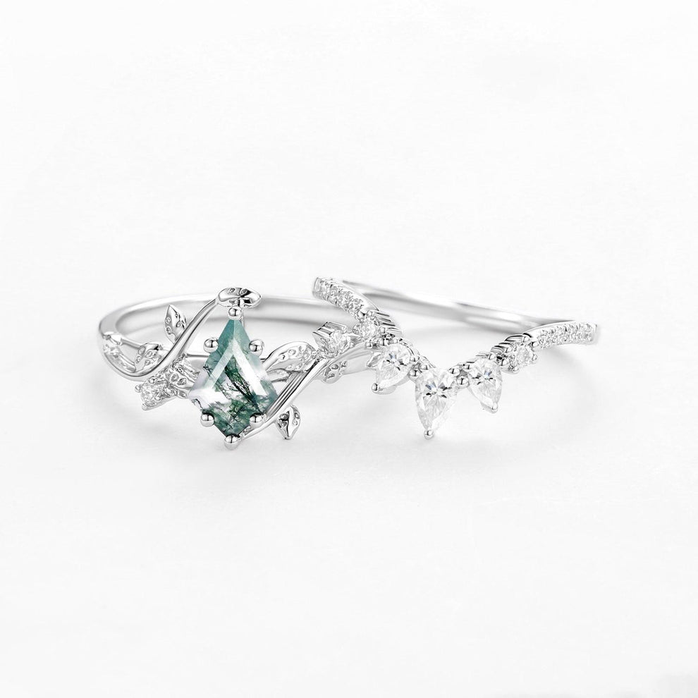 Kite Cut Moss Agate Leafy White Gold Engagement Ring Sets 2pcs.