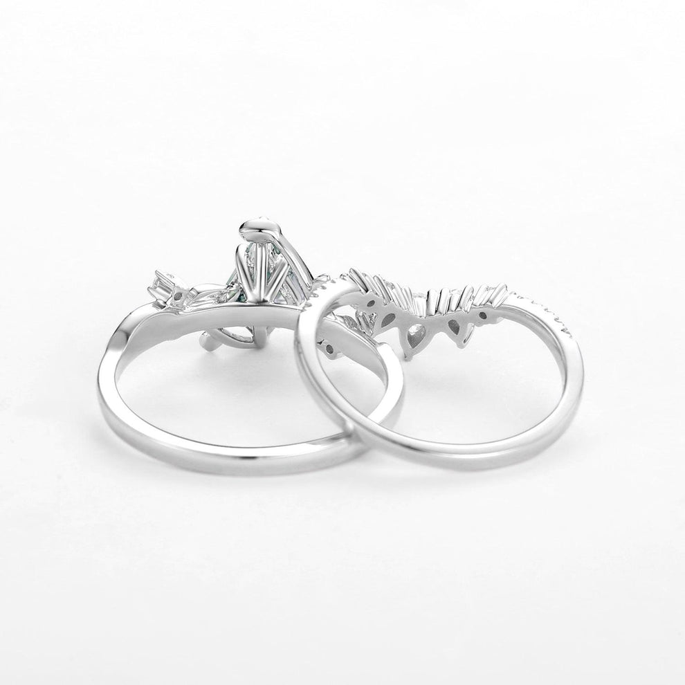 Kite Cut Moss Agate Leafy White Gold Engagement Ring Sets 2pcs.