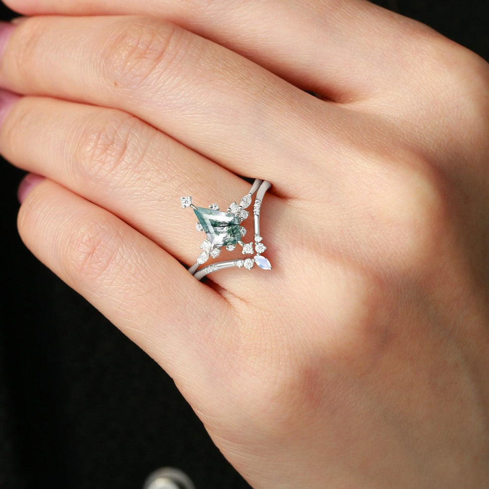Unique Kite Cut Moss Agate & Moonstone Engagement Ring Sets 2pcs.