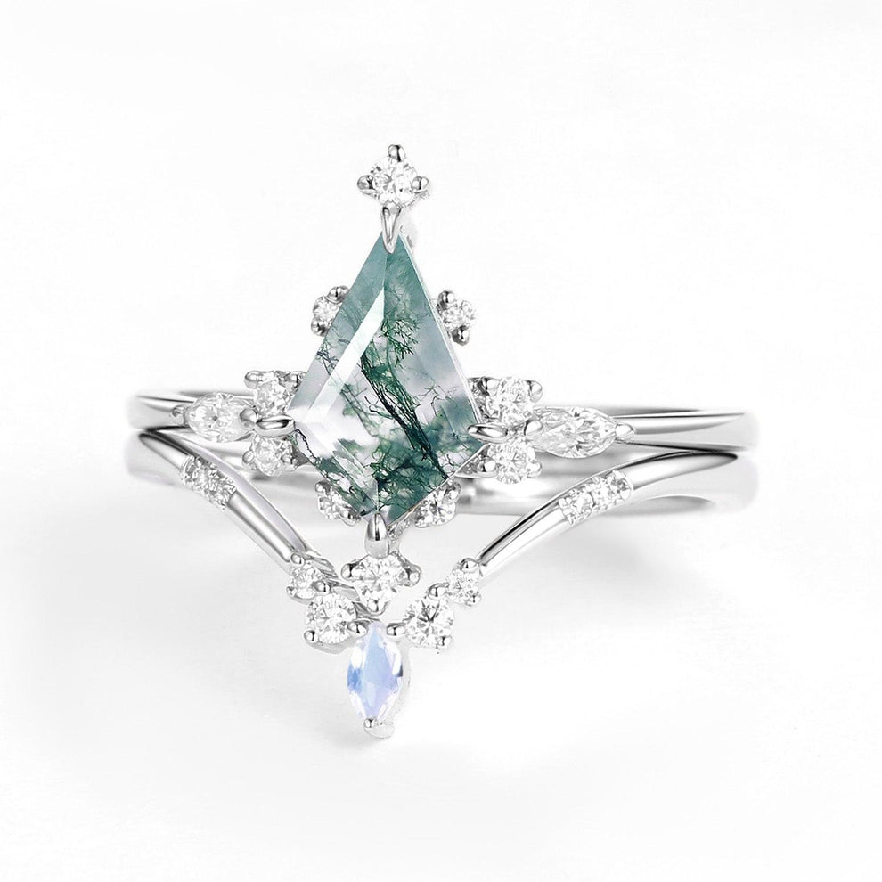 Unique Kite Cut Moss Agate & Moonstone Engagement Ring Sets 2pcs.