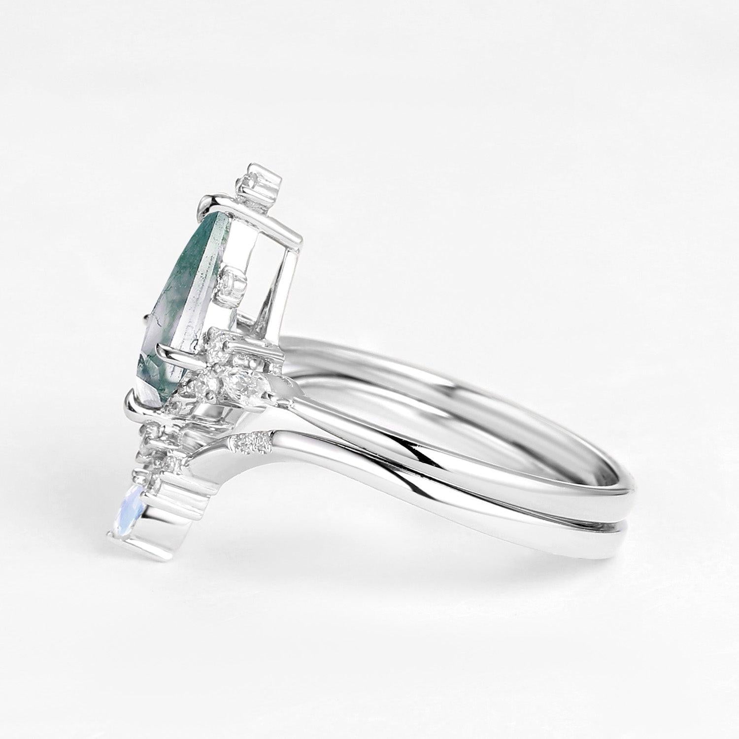 Unique Kite Cut Moss Agate & Moonstone Engagement Ring Sets 2pcs.