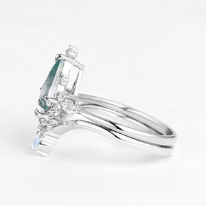 Unique Kite Cut Moss Agate & Moonstone Engagement Ring Sets 2pcs.