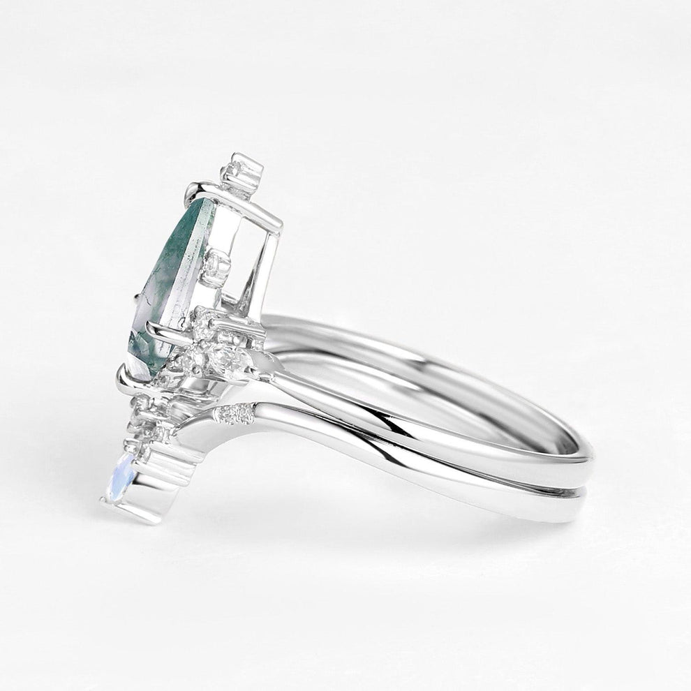Unique Kite Cut Moss Agate & Moonstone Engagement Ring Sets 2pcs.