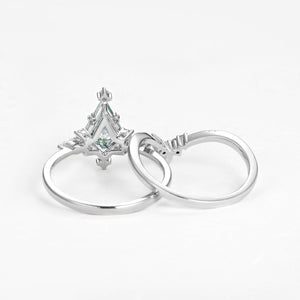 Unique Kite Cut Moss Agate & Moonstone Engagement Ring Sets 2pcs.