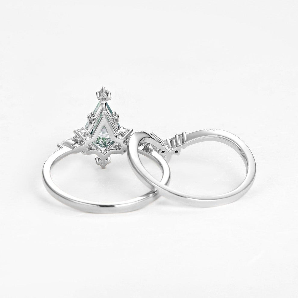 Unique Kite Cut Moss Agate & Moonstone Engagement Ring Sets 2pcs.