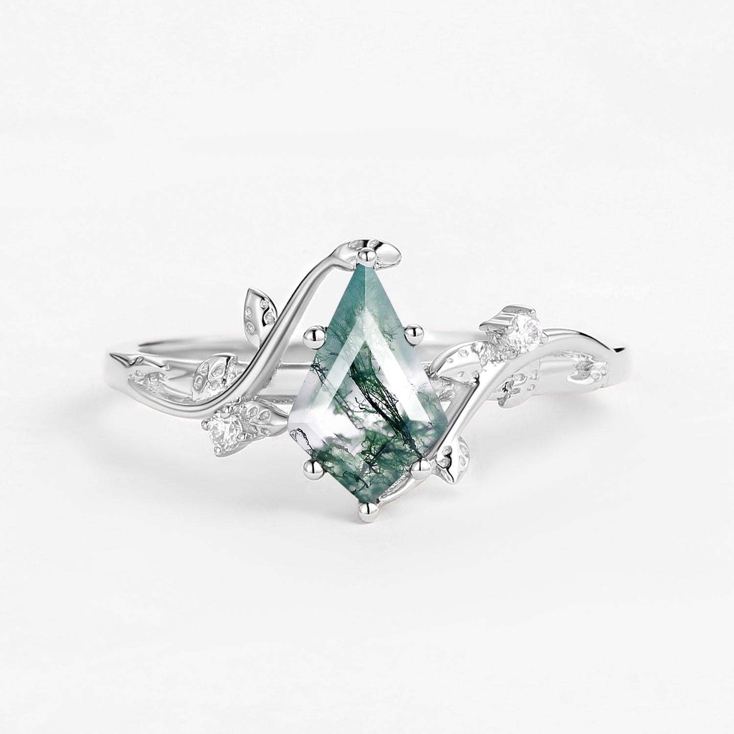 Hazel’s Whisper | Kite Cut Moss Agate Engagement Ring.
