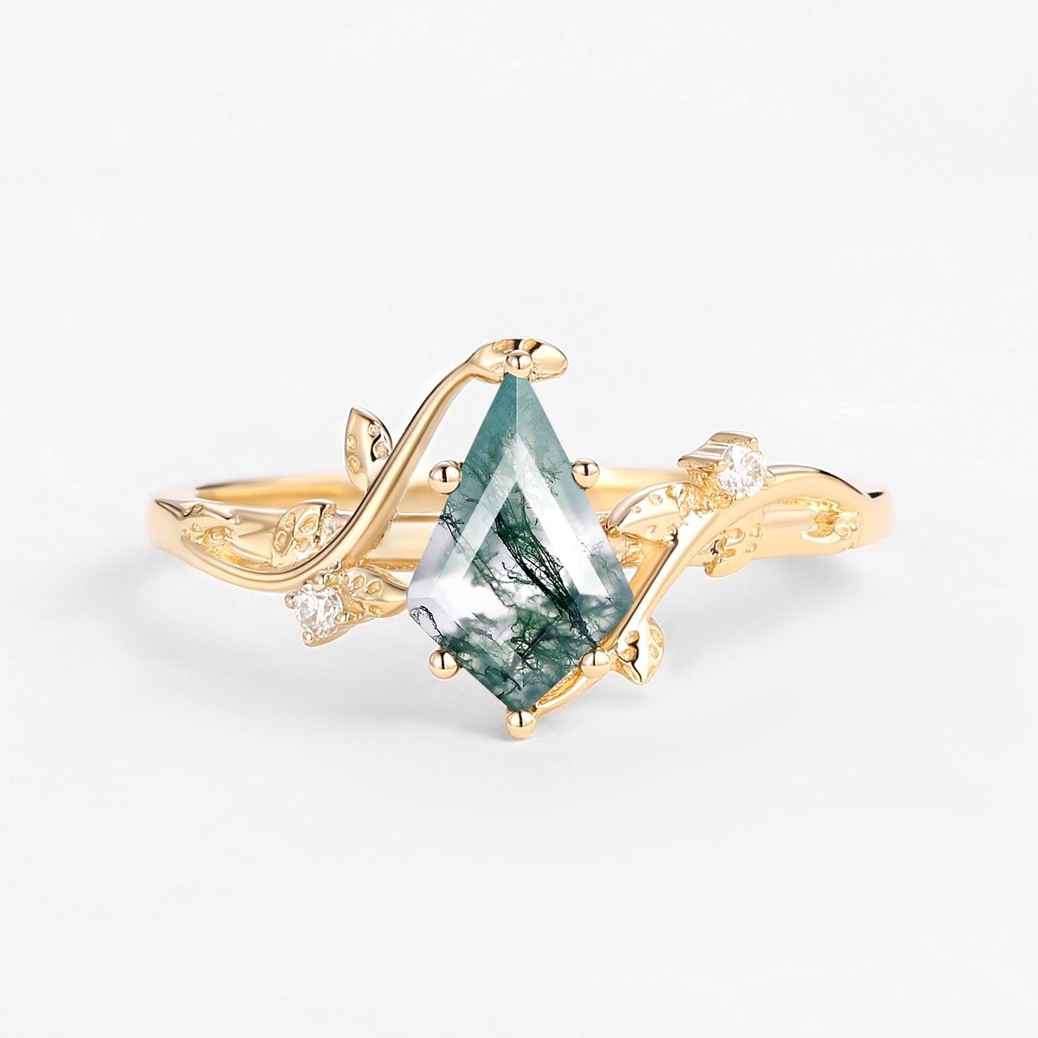 Hazel’s Whisper | Kite Cut Moss Agate Engagement Ring.