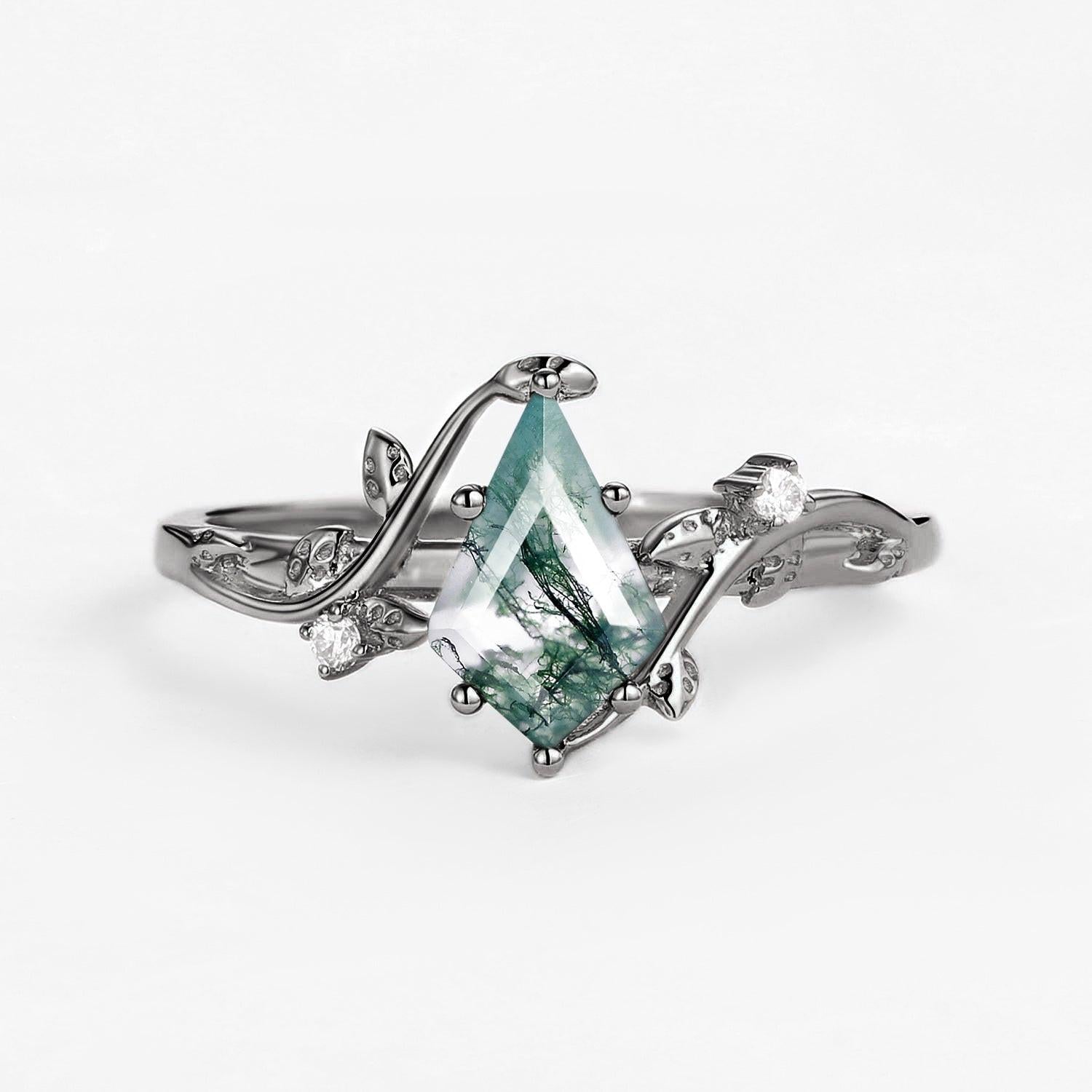 Black Gold Unique Moss Agate Leafy Engagement Ring - Willow.