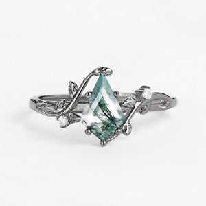 Black Gold Unique Moss Agate Leafy Engagement Ring - Willow.