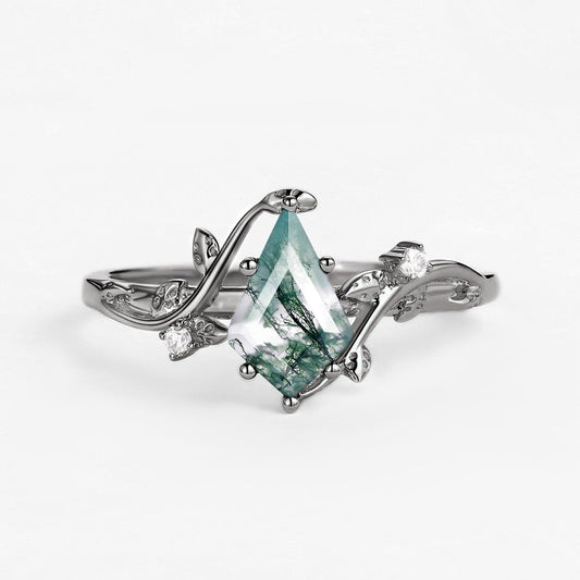 Black Gold Unique Moss Agate Leafy Engagement Ring - Willow.