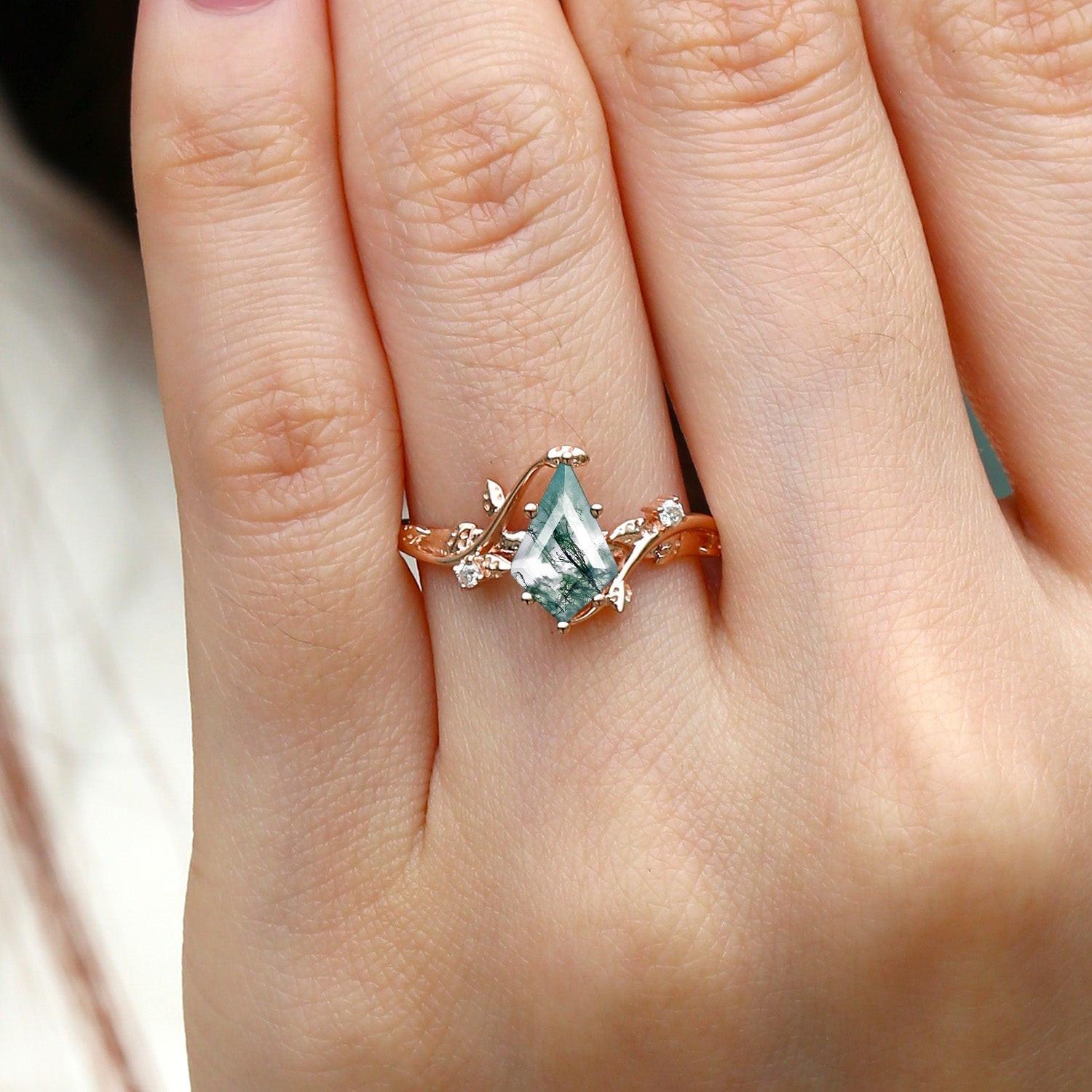 Hazel’s Whisper | Kite Cut Moss Agate Engagement Ring.