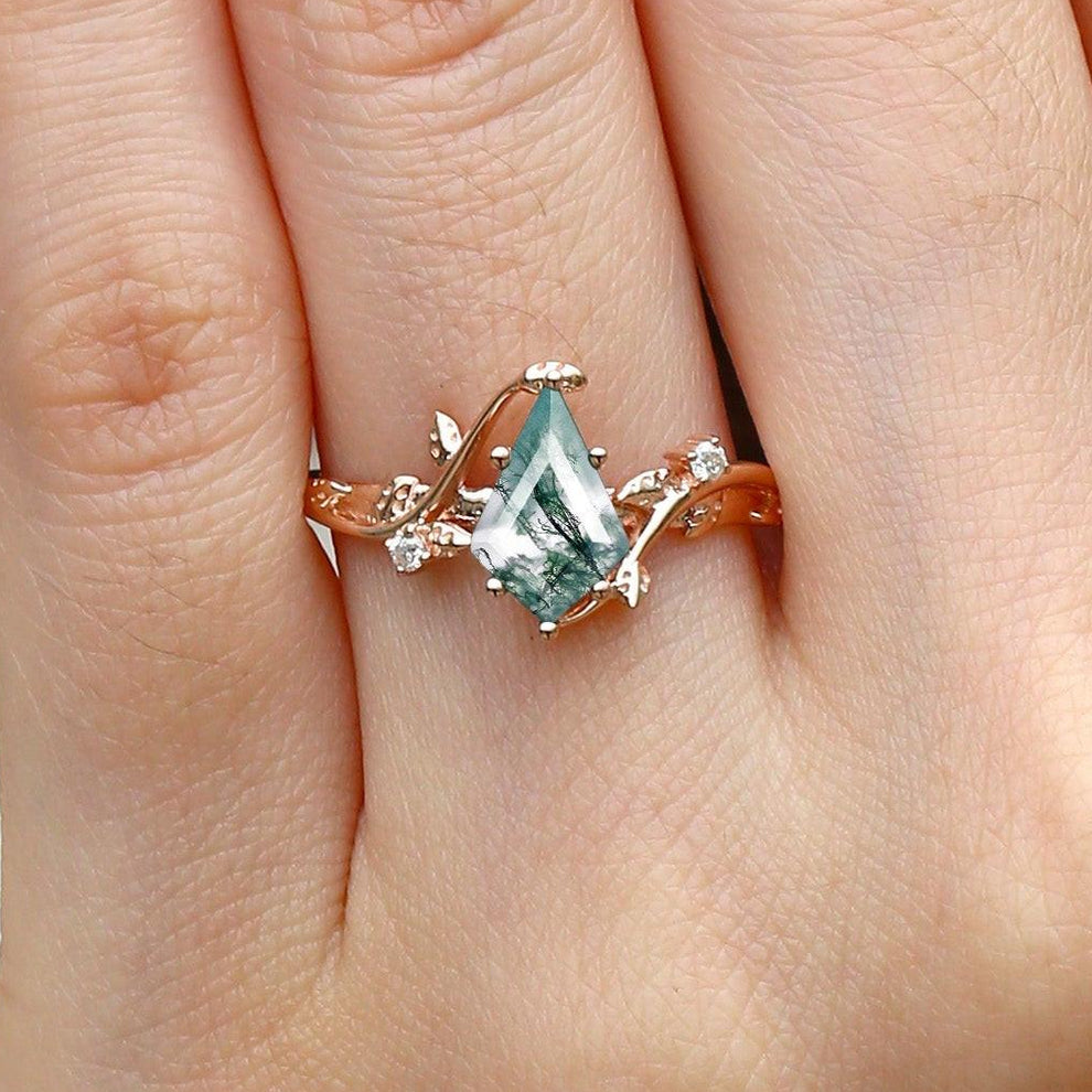Hazel’s Whisper | Kite Cut Moss Agate Engagement Ring.