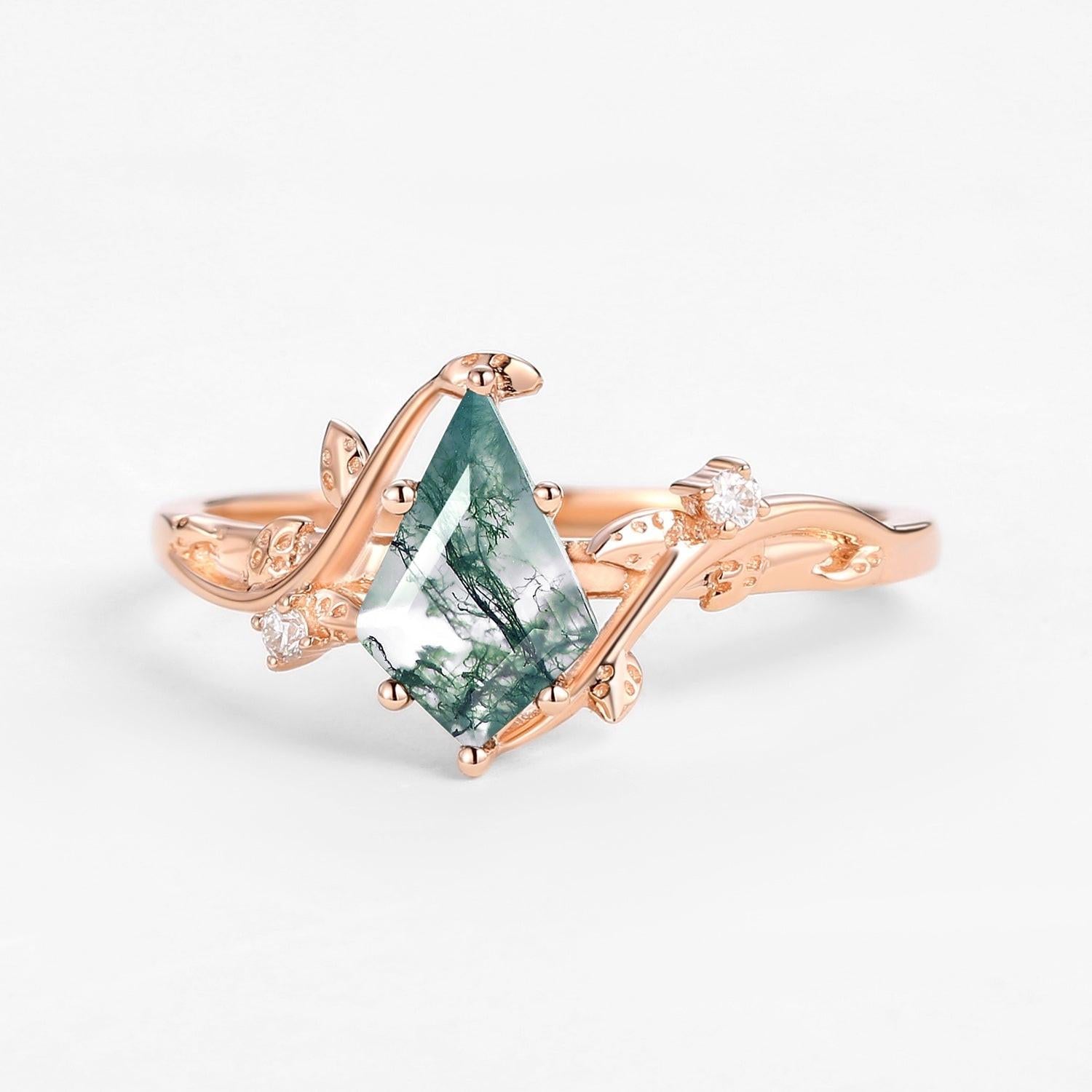 Hazel’s Whisper | Kite Cut Moss Agate Engagement Ring.