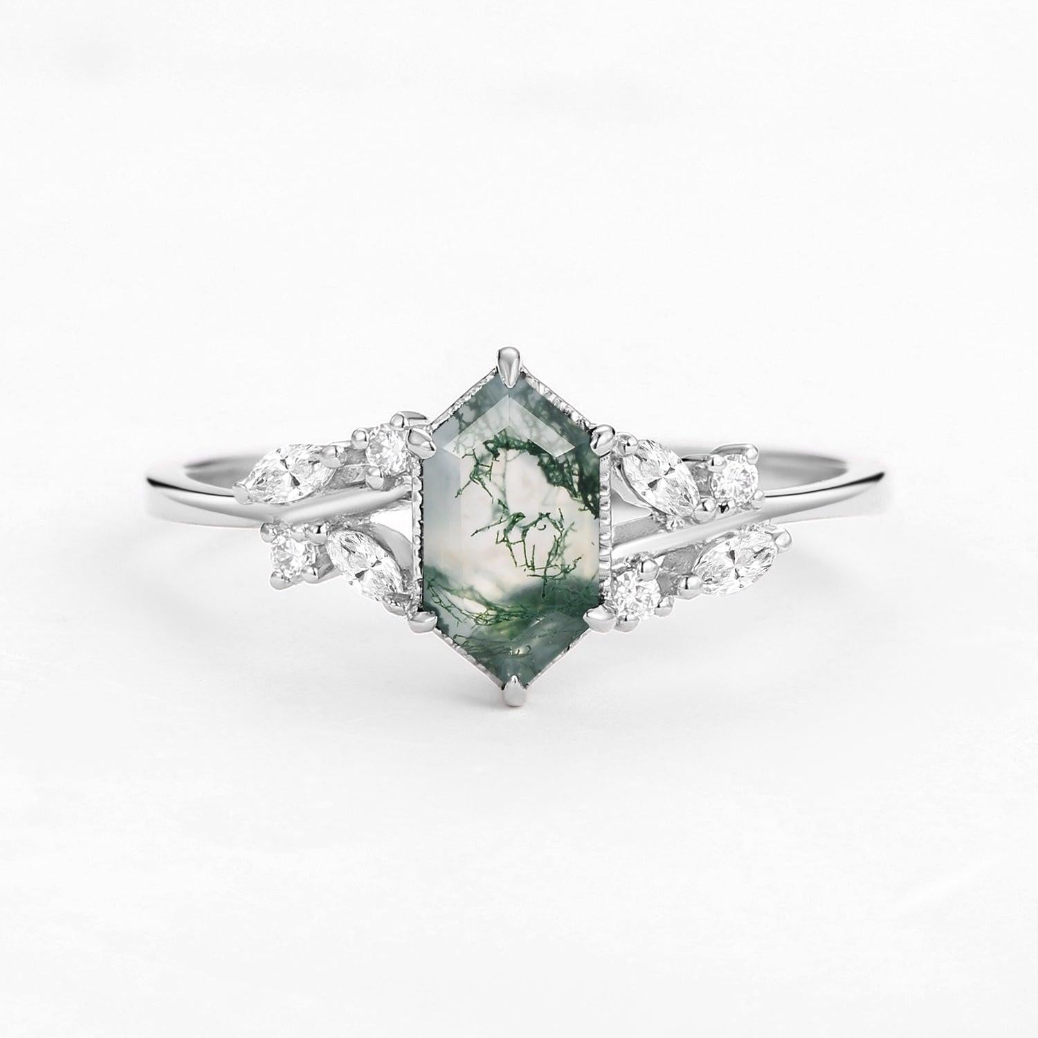Forest Hex | Vintage Hexagon Moss Agate Leafy Engagement Ring.
