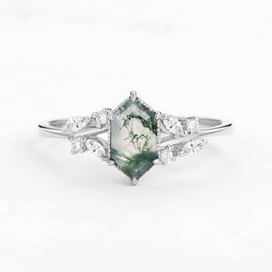 Forest Hex | Vintage Hexagon Moss Agate Leafy Engagement Ring.