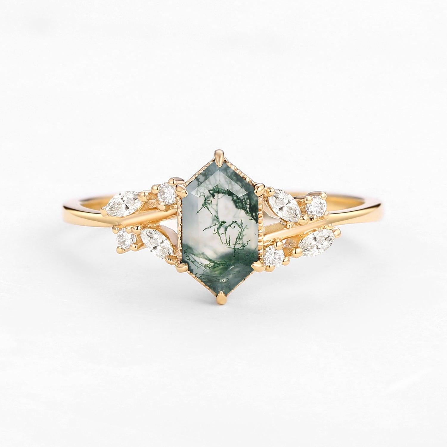 Forest Hex | Vintage Hexagon Moss Agate Leafy Engagement Ring.
