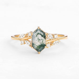 Forest Hex | Vintage Hexagon Moss Agate Leafy Engagement Ring.