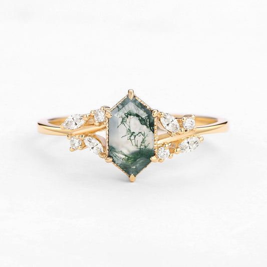 Forest Hex | Vintage Hexagon Moss Agate Leafy Engagement Ring.