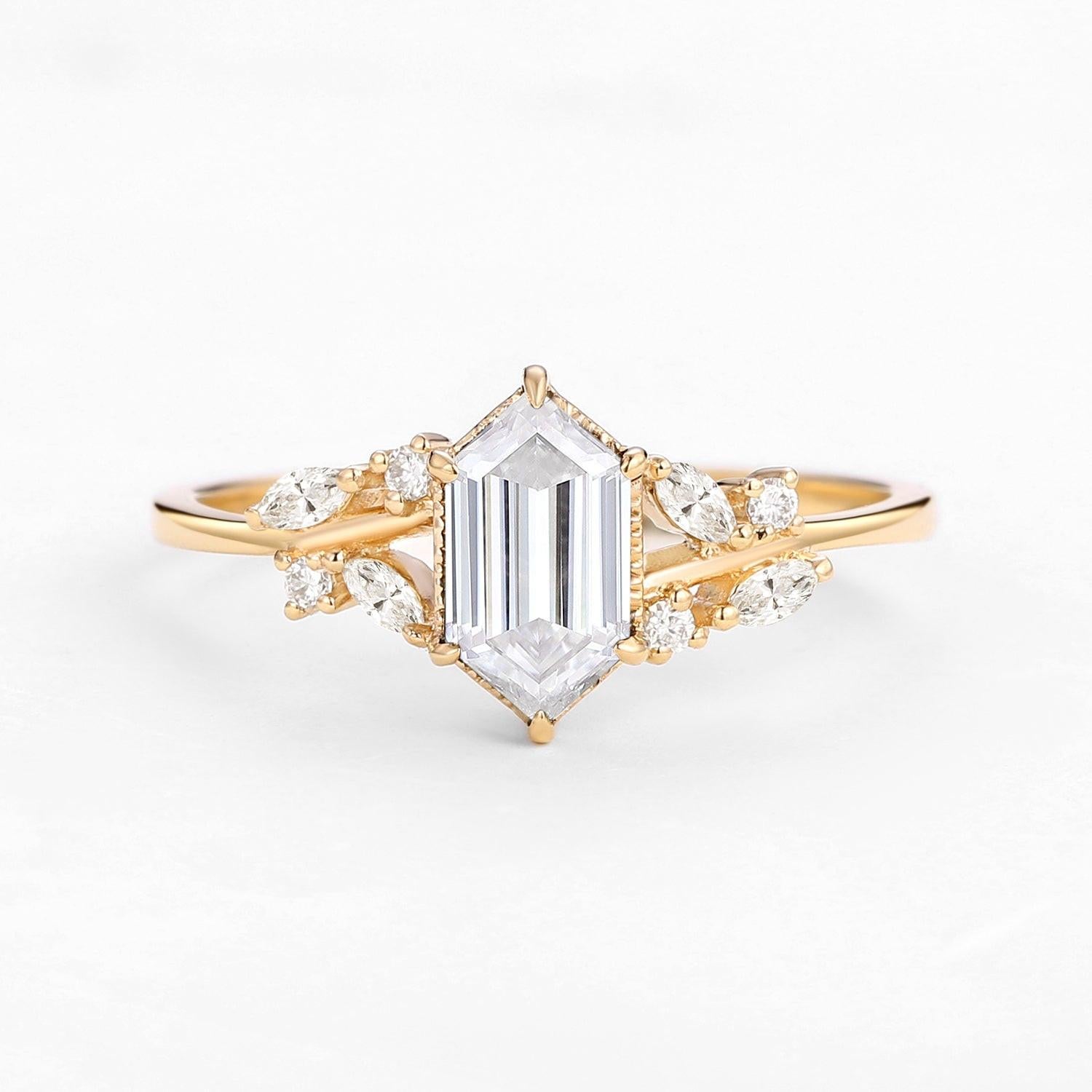 Forest Hex | Vintage Hexagon Moss Agate Leafy Engagement Ring.