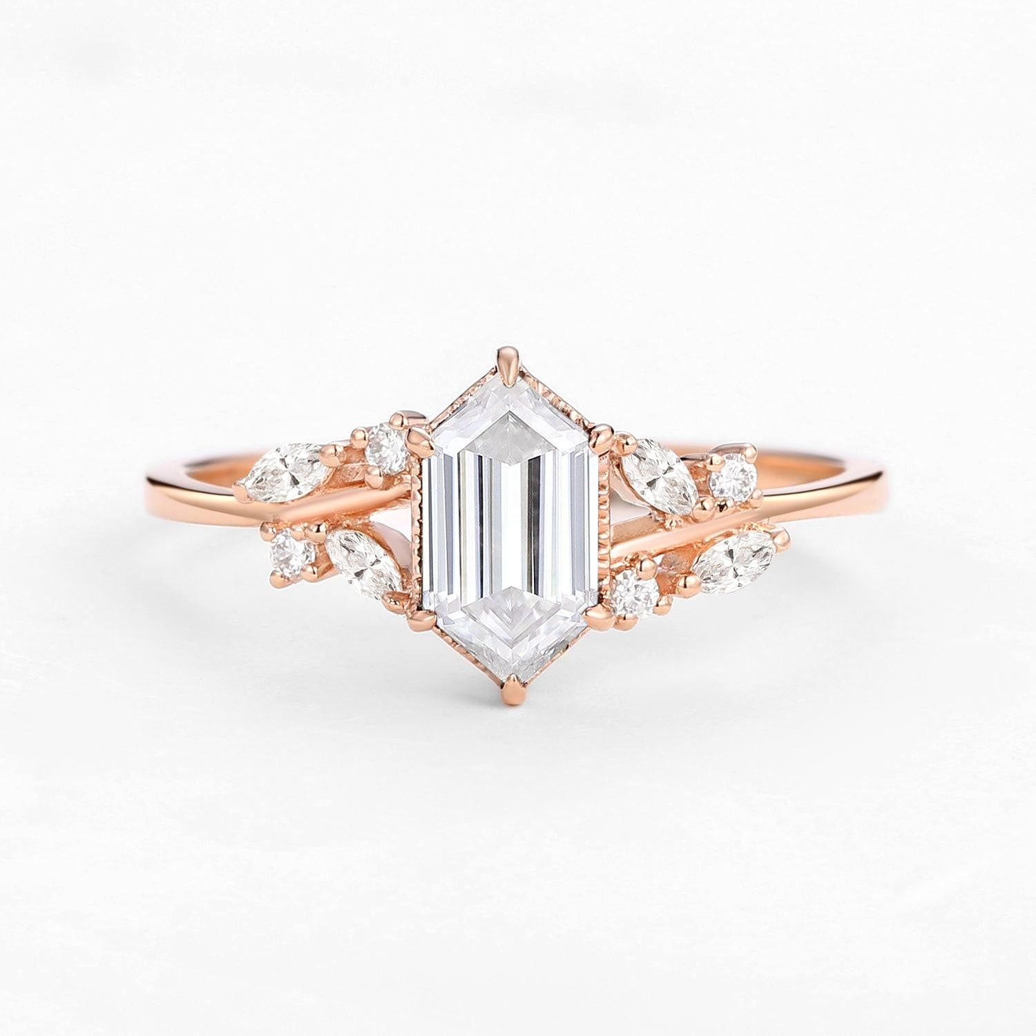 Forest Hex | Vintage Hexagon Moss Agate Leafy Engagement Ring.